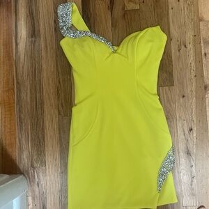Jovani Vibrant Yellow One-Shoulder Dress with Silver Detailing